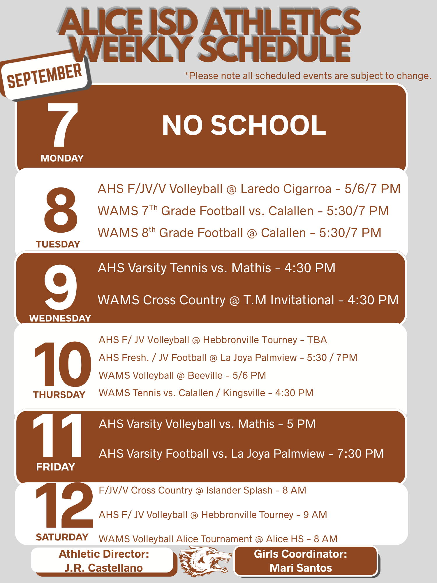 Alice ISD Athletic Weekly Schedule Sept. 7th -Sept. 11th